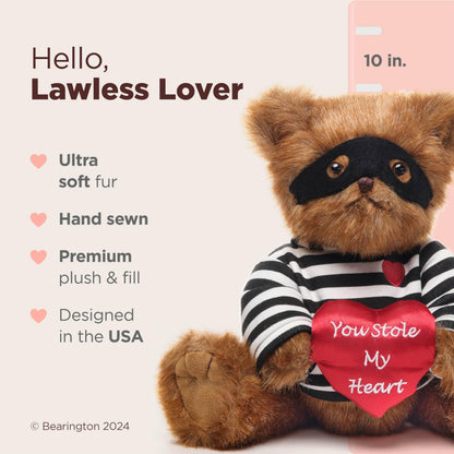 Bearington Remington Teddy Bear Lawless Lover You Stole My Heart - 10" Soft and Cuddly Valentines Day Stuffed Animals -Adorable Bears Stuffed Animal Plush Gift
