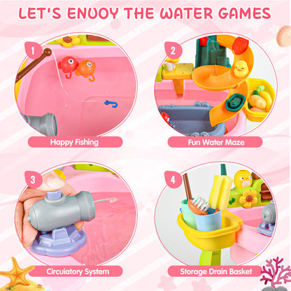 Upgraded Toddler Sand Water Table Toy with Electric Water Pump, Kids Sand Water with Faucet/Play Food Accessories/Fishing Toy, Kitchen Play Sink Toys for Girl Boy Age 3+ (Pink-Sunflower)