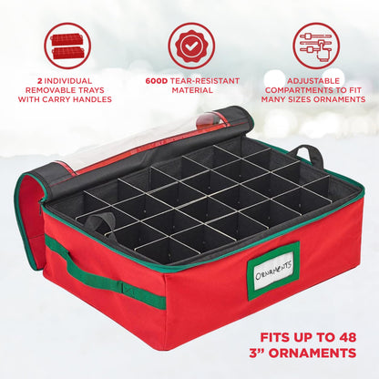HOLDN’ STORAGE Christmas Ornament Storage Box with Dividers - Fits 48-3” Ornaments, 2 Removable Trays, Durable & Space-Saving, Clear Top Lid, Fits Underbed, Red