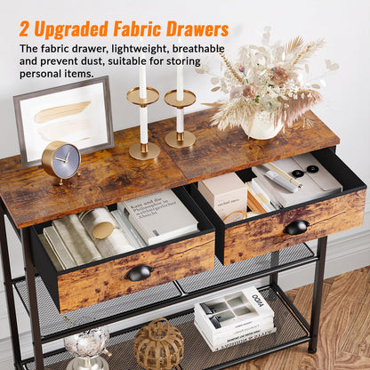 Furologee Console Sofa Table with Storage Shelf for Entry Way, Small 30'' Entryway Table with 2 Fabric Drawers, Industrial Display Shelves for Hallway, Entrance, Foyer, Rustic Brown