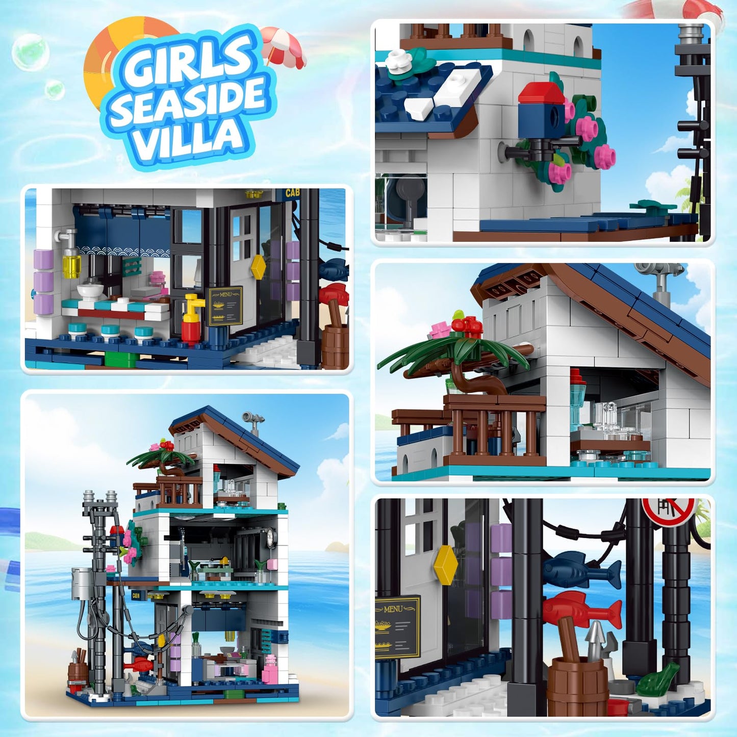 3 in 1 Beach House Building Set, Compatible with Lego Friends Seaside Villa, Construction Educational Toy with Light, Birthday Gift for Kids Girls Aged 8-12 (813 PCS)