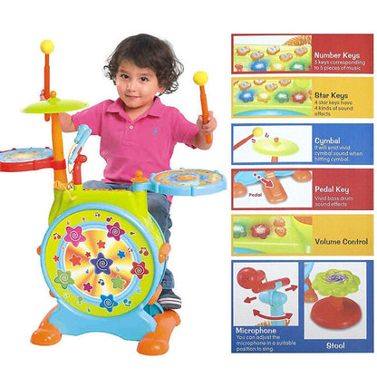 Play Baby Musical Big Toy Kids Drum Set with Adjustable Mic and Seat - Many Functions and Activities for Hours of Play - Pretend to Be A Real Drummer with Drumsticks, Pedals, and Bass Drum