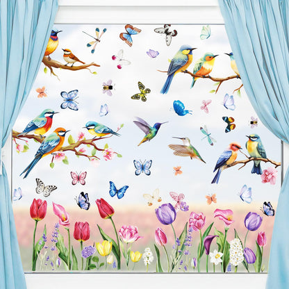 Vibrant Spring & Summer Window Clings - 78 PCS of Butterfly, Tree Branch Hummingbird, and Tulip Anti-Collision Window Stickers for Seasonal and Home Decor Delight