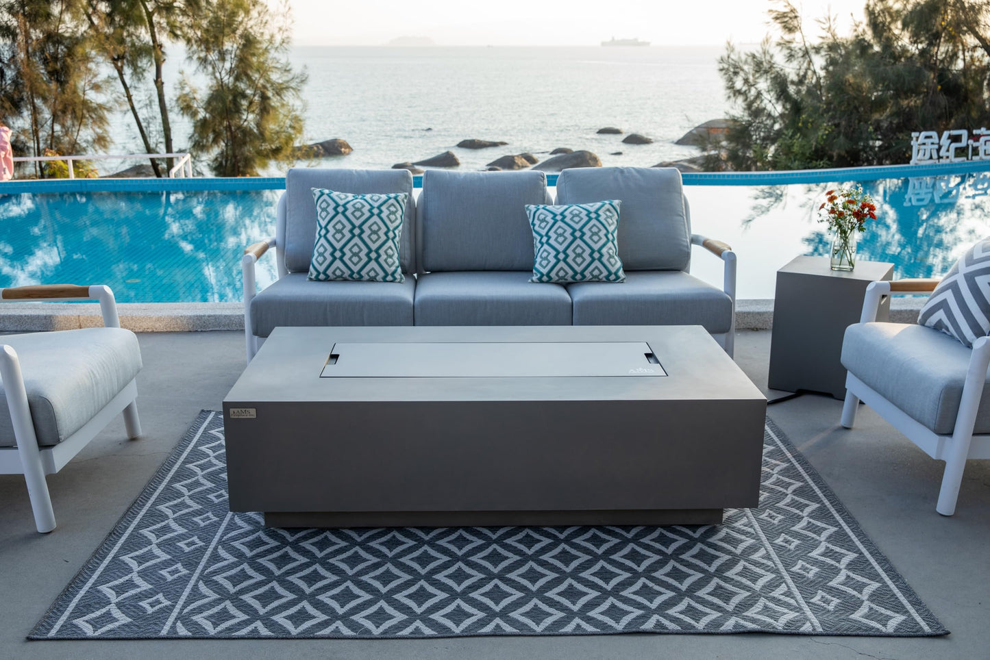 AMS Creations | Madison 60" Bundle Rectangular Natural Gas Outdoor Fire Pit Table | Light Gray Concrete GFRC | Smooth Texture or Surface | Electronic Ignition | Outside Backyard Fireplace