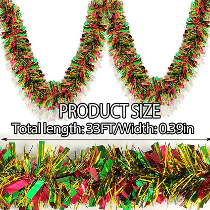 Christmas Tinsel Garland - 33 Ft Shiny Metallic Tree Winter Xmas Garland Glitter Tinsel Hanging Twist Hanging Decorations for Christmas Party Holiday Supplies （Gold Red Green）