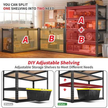 REIBII 2400LBS Storage Shelves 5 Tier Garage Shelving Heavy Duty, Adjustable Metal Shelving Unit, Garage Shelves for Basement, Warehouse, Pantry, Closet, Kitchen 72" H x 35.55" W x 16" D, Black
