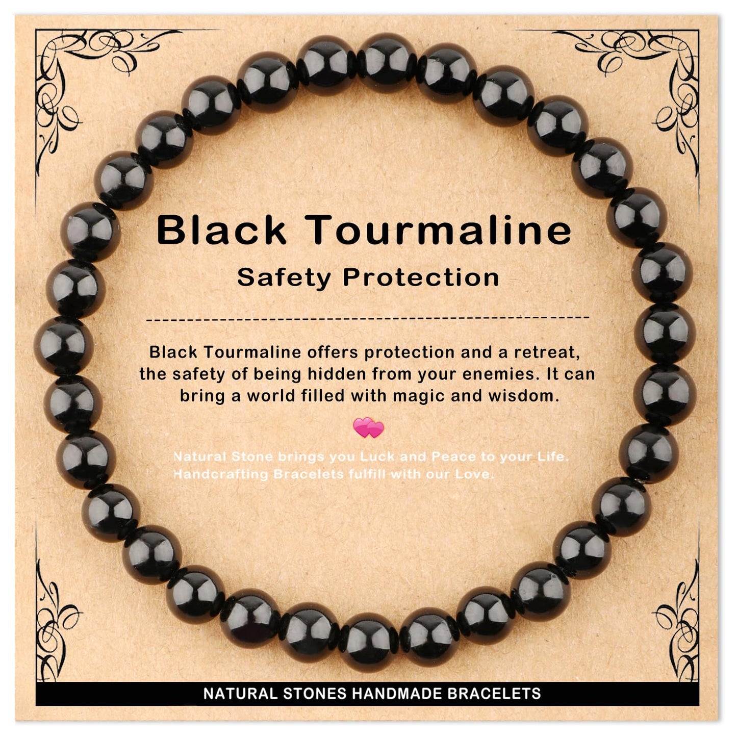 AD Beads 6mm Handmade Black Tourmaline Elastic Bracelet – Natural Gemstone for Safety Protection – Meditation, Yoga, Healing and Energy Gift for Men Women