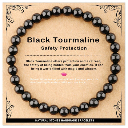 AD Beads 6mm Handmade Black Tourmaline Elastic Bracelet – Natural Gemstone for Safety Protection – Meditation, Yoga, Healing and Energy Gift for Men Women