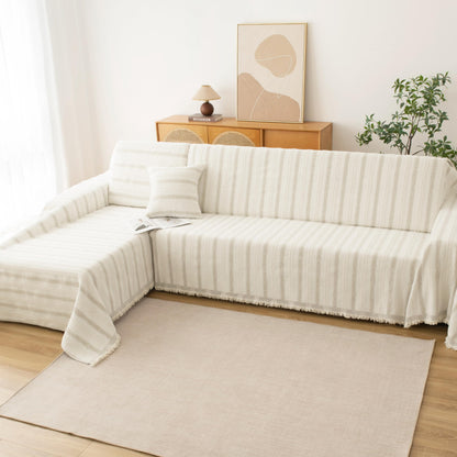 KaviKon Couch Cover for Dogs, Boho Sofa Covers for 3 Cushion Couch, Chenille Sofa Slipcover for Pets Washable, L-Shape Sectional Loveseat Cover Soft Throw Blankets with Tassels(71x118,Striped Beige)