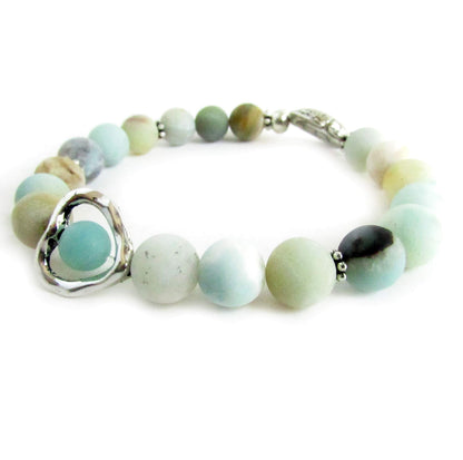 Sea Turtle and Heart Charm Bracelet with Amazonite Stones, Valentines Gifts for Women