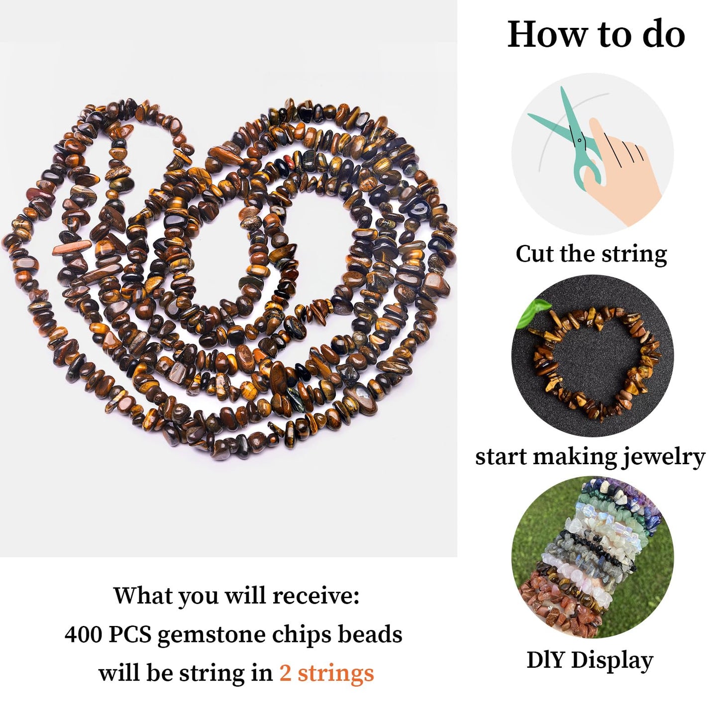 400pcs Natural Chip Stone Beads for Jewelry Making Tiger Eye 5-8mm Irregular Gemstones Healing Crystal Loose Rocks Bead Hole Drilled for Ring Earrings Necklace Bracelet Making DIY Art Crafts