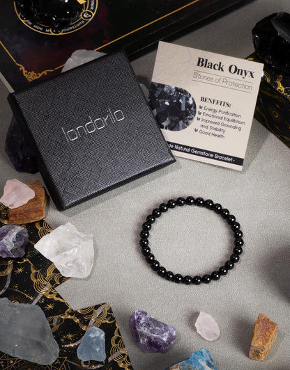 Landorilo Beaded Bracelet for Men Women, 6mm Natural Stone Black Onyx Healing Crystal Stretch Bracelets, Ideal Christmas Birthday Jewelry Gifts with Energy Card，Replacement Beads Included