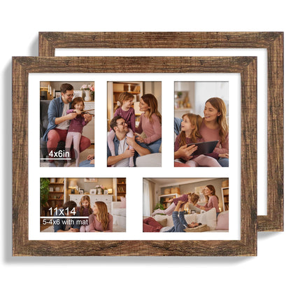 Hongkee 11x14 Picture Frame Set of 2, Rustic Brown Wood Frame with Real Glass Collage Picture Frames, Display Pictures Five 4x6 With Mat or 11 x 14 Without Mat, Photo Frames Wall Gallery