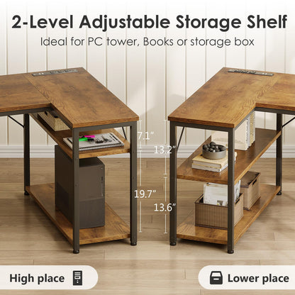 AODK 55 inch L Shaped Computer Desk with Drawers, Reversible Computer Desk with Storage Shelves, Home Office Desk with Built-in Power Outlet, Rustic Brown