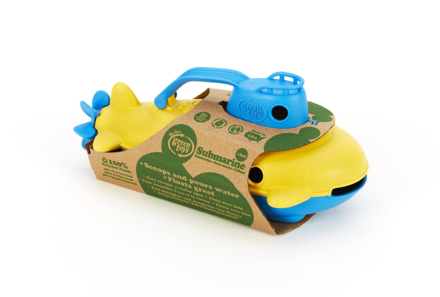Green Toys Submarine, Blue/Yellow - Pretend Play, Motor Skills, Kids Bath Toy Floating Pouring Boat. No BPA, phthalates, PVC. Dishwasher Safe, Recycled Plastic.