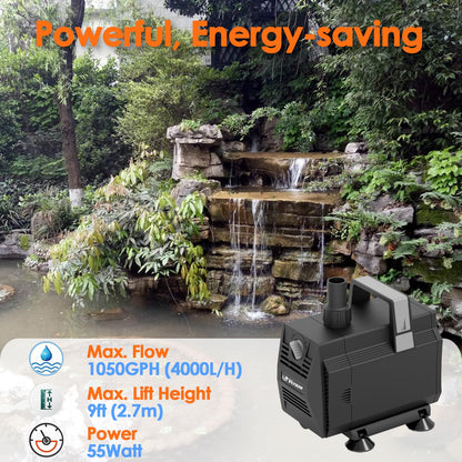VCRAZE Submersible Water Pump 1050GPH/55W Fountain Pumps with Flow Control, Pond Pump Submersible Outdoor with 10ft 3-Core Power cable for Hydroponics, Aquarium, Waterfall, Statuary, Water feature