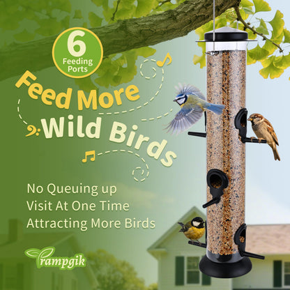 TrampgiK Bird Feeders for Outdoors Hanging,Finch Feeders for Outside,Chew-Proof Hanging Bird Feeder,Rust-Proof Birdfeeder,Squirrel Proof 6 Ports Metal Bird Feeder,14 Inch,1 Pack,Black