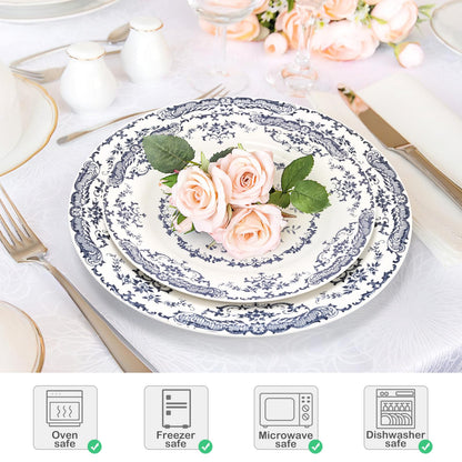 HomeElves Dinner Plates, Ceramic Plates Set of 6, Kitchen Plates Microwave Safe, White Plate Dessert Blue Floral Plate Porcelain (Blue Rose, 10.5 inch)