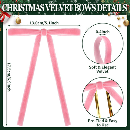 Lavwix 40Pcs Velvet Ribbon Bows, 5x7 Inch Pre-Tied Bows Christmas Ornaments for Xmas Tree, Garland, Wreath, Gift and Holiday Home Décor (5 x 7 Inch, Width of 3/8",Pink)