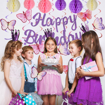 YEOCU Birthday Decorations, NO DIY, Pre-Strung Happy Birthday Banner with Honeycomb Balls, Hanging Swirls, Circle Dots Garland, Happy Birthday Party Decorations for Women Men Boys Girls (Purple)