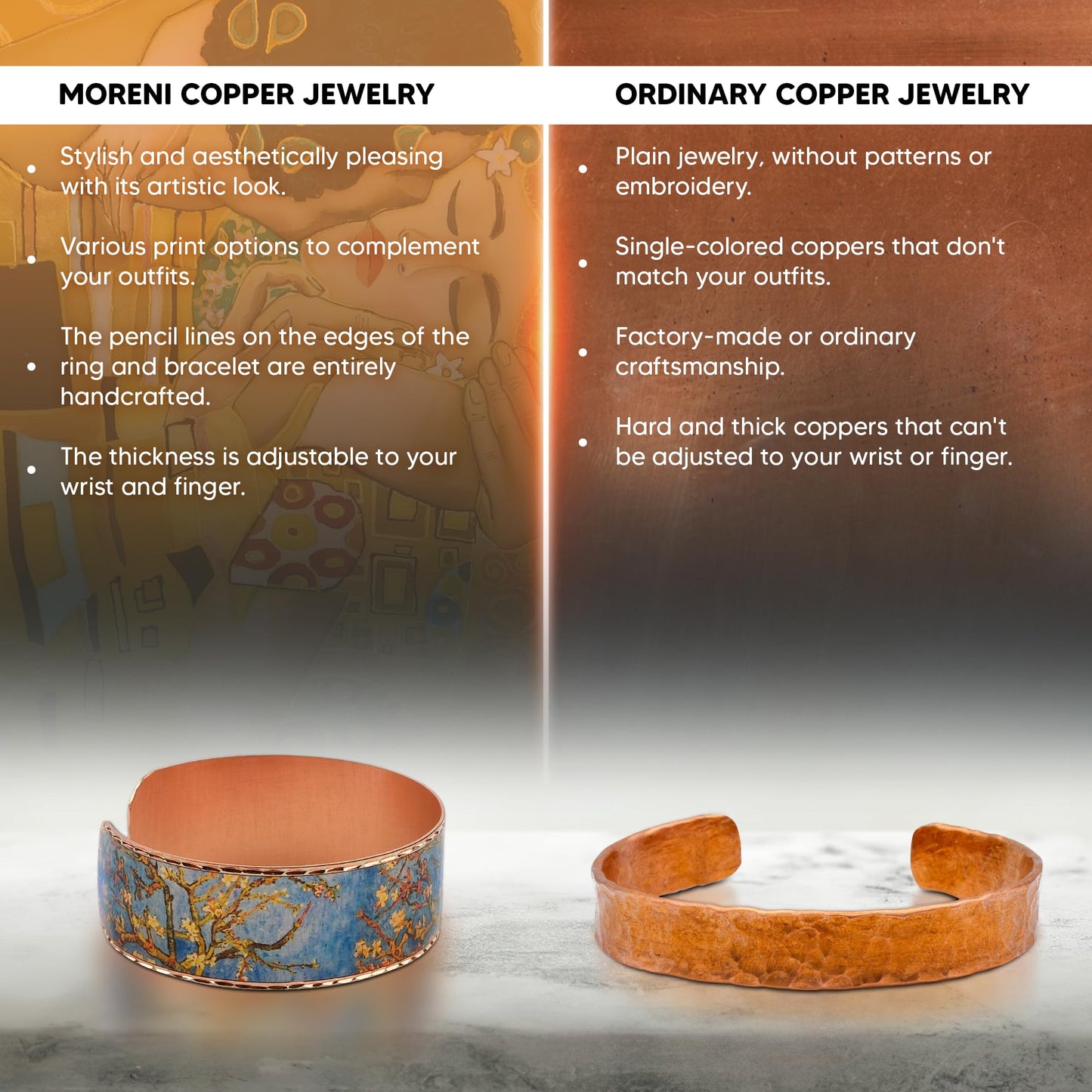 Moreni Copper Bracelet for Women – Handmade Engraved Cuff Inspired by “Almond Blossom” – Artistic Pure Copper Jewelry with Gift Wooden Box