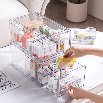 Sgoostood 2 Pack Stackable Organizer Drawers, Clear Desk Storage Box,Transparent Drawer in Home, Office and Kitchen Pull Out Organizer Bins for Make Up, Pen, Desktop Stationary (2Extra Large)