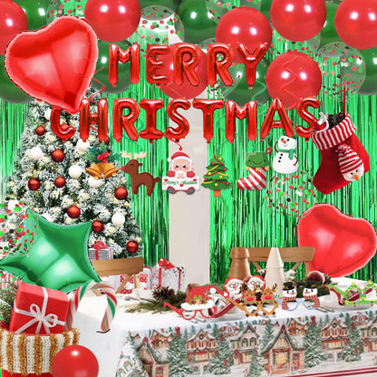 Red Green Christmas Decorations with Green Fringe Curtains, Heart Stars Confetti Balloon, Merry Christma Foil Balloons, christmas Glasses Frames and Hanging Swirls for Xmas Party Supplies
