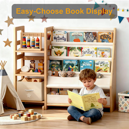 CACEJO Kid Bookshelf and Toy Storage Organizer - White 3 Tier Wooden Kids Book Shelf for Kids Rooms, Toddler Bookshelf Baby Bookcase for Nursery Class Room, Play Room- Cream White