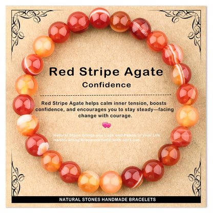 AD Beads 8mm Handmade Red Stripe Agate Elastic Bracelet – Natural Gemstone for Confidence – Meditation, Yoga, Healing and Energy Gift for Men Women