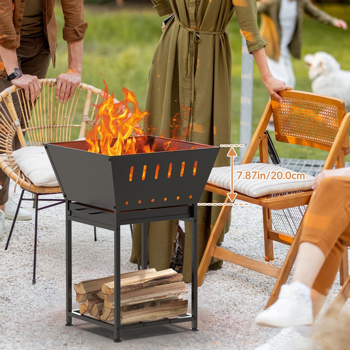 YBING Wood Burning Fire Pit for Outside - 24 Inch Outdoor Fire Pit with Grill, 2-in-1 Square Firepit with Ash Tray and Wood Storage for Camping, Backyard, Patio, Black
