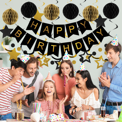 meowtastic Birthday Decorations, Happy Birthday Banner with Honeycomb Balls, Star Hanging Swirl Streamers, Circle Dot Garland, Happy Birthday Party Decorations for Women Men Boys Girls (Black & Gold)