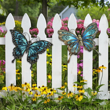 LIFFY Metal Butterfly Wall Decor,2Pack 12" Hanging Glass Butterfly Outdoor Decor,Garden Decorative Ornaments Outside for Home,Yard,Fence,Patio