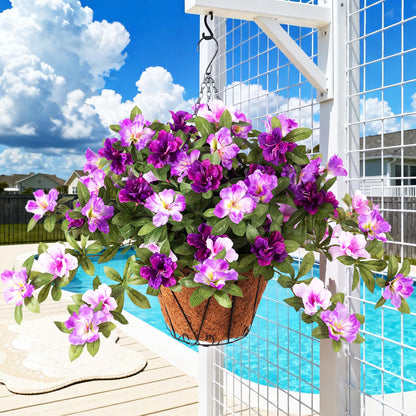 Ammyoo Artificial Hanging Flowers for Outdoors Hanging Baskets, 3 Pcs Fake Silk Flower with Hanging Baskets Planter for Spring Summer Garden Porch Patio Yard Outside Decor