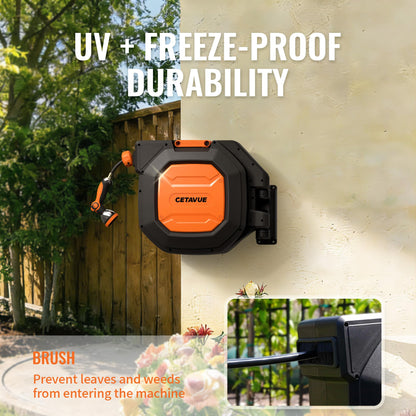 CETAVUE Retractable Garden Hose Reel 5/8 inch x 100 ft,Wall Mounted Heavy Duty Garden Hose Reel with 180°Swivel Bracket,Upgraded 10 Pattern Nozzle/Slow Return System(Black)