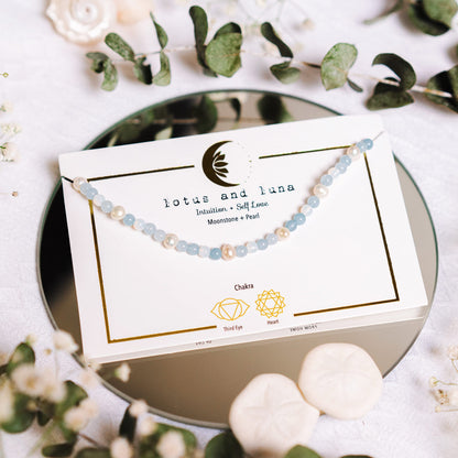 Lotus and Luna 4MM Energy Chakra Healing Necklace with Real Stones Jade, Pearl, Rose Quartz, Amethyst, Moonstone (Intuition + Self Love)