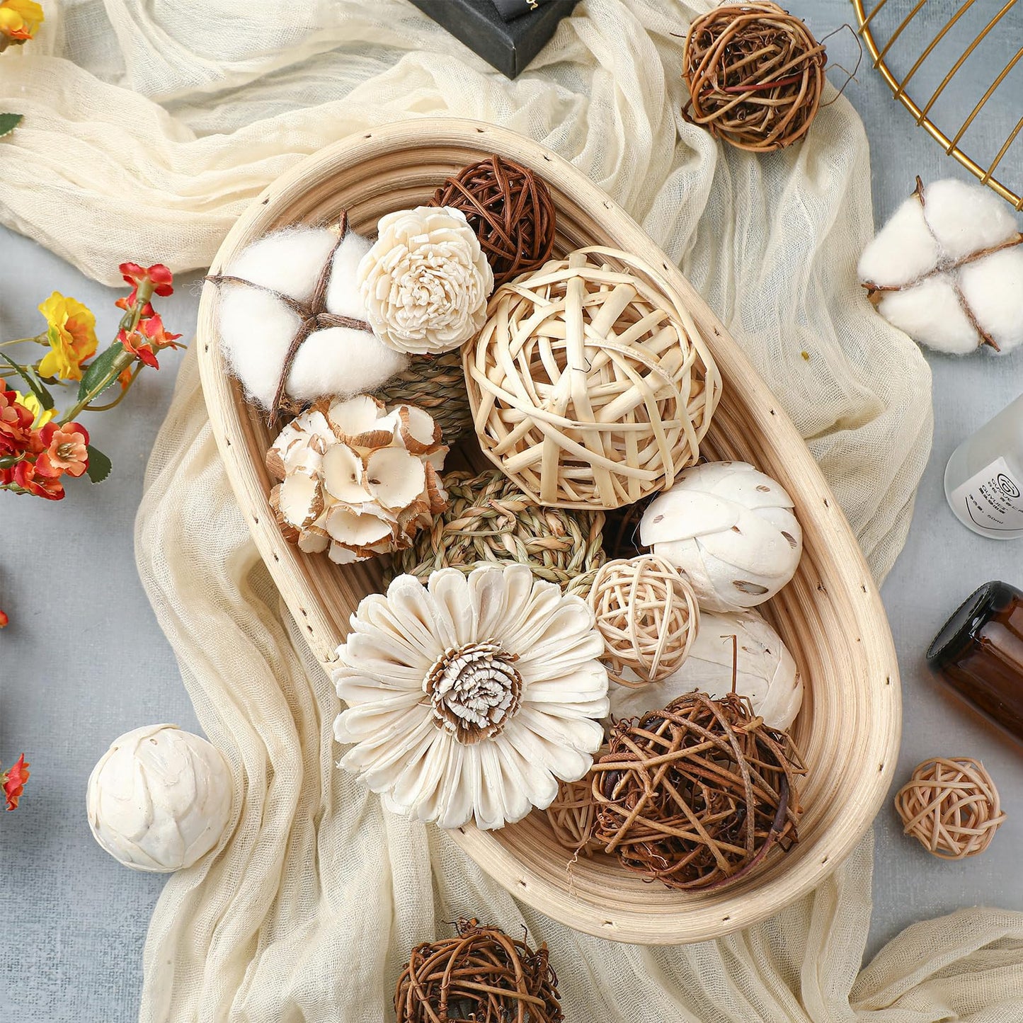 Riceshoot 2 Pack Decorative Balls Potpourri Bowl Filler Decor Natural Vase Bowl Filler Assorted Spherical Rattan Twigs Wicker Balls Cotton for Home Centerpiece(Brown)