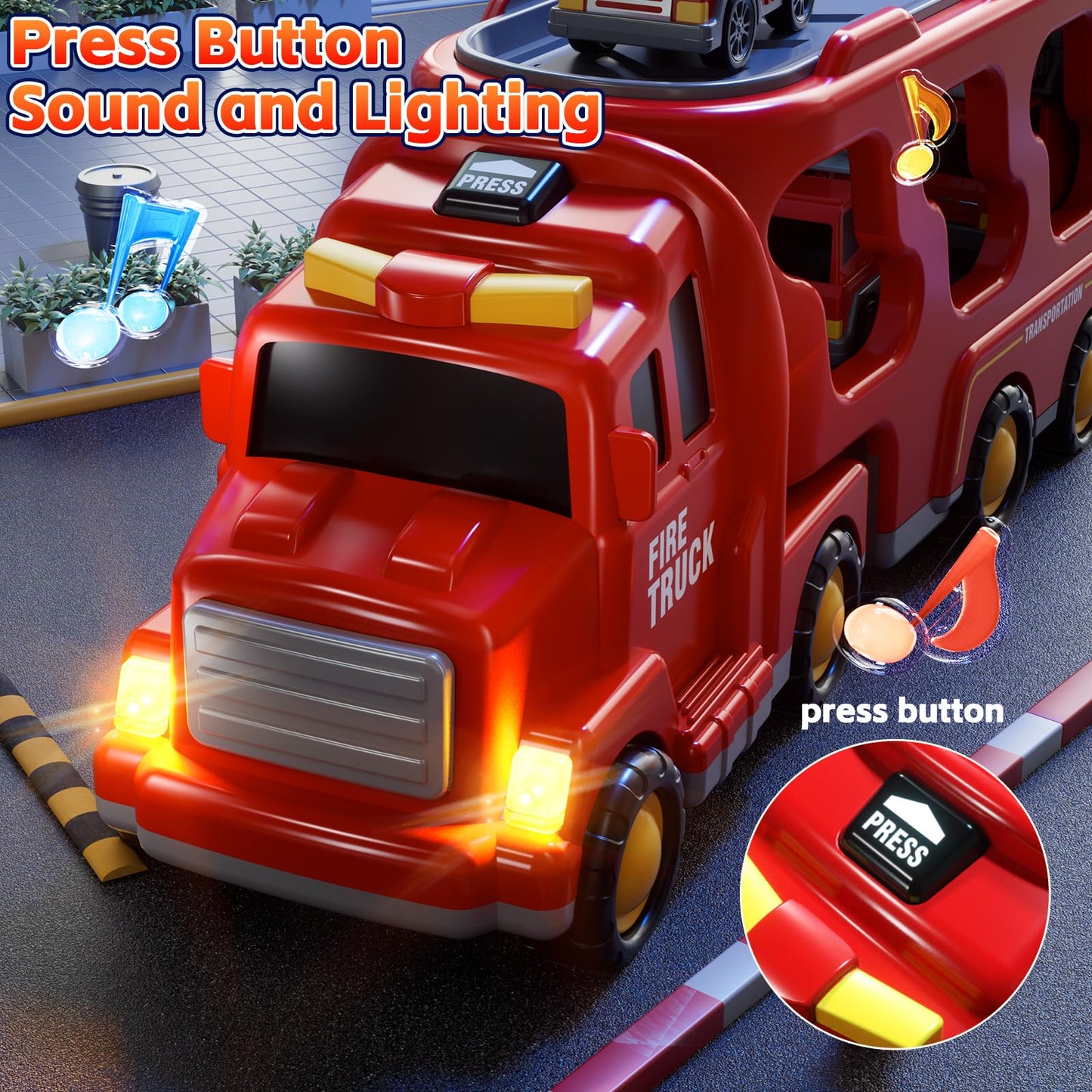 KIZONLY Fire Truck Toys for Toddler 1-3 3-5, 5-in-1 Fire Car Carrier Vehicle Set for Girls 1 2 3 4 5 6 Years Old, Transport Car with Light Sound, Birthdays Gifts for Kids Girls Aged 3-9