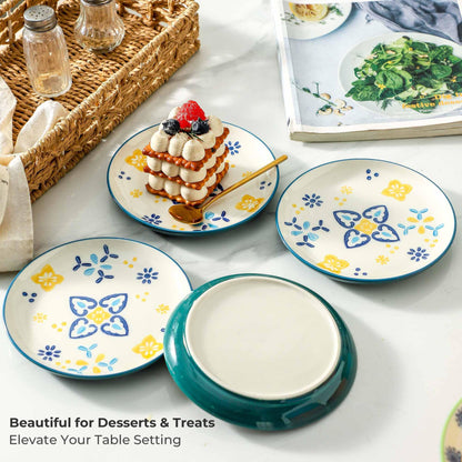 UniqueLife Hand-Painted 6 Inch Dessert Plates Set of 6, Mixed Design Ceramic Appetizer Snack Salad Plates, Microwave Dishwasher Oven Safe Small Plates for Cake Bread Fruit, Gift-Ready -Mixed
