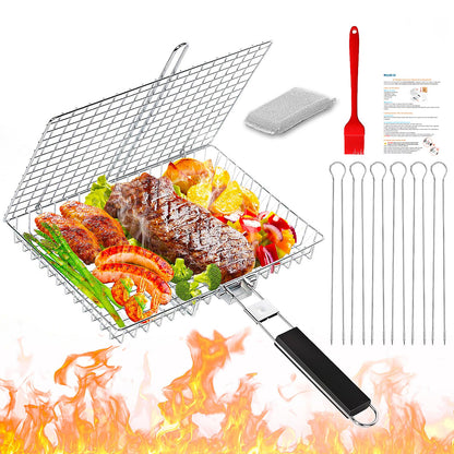 Grill Basket for Outdoor Grill, Stainless Steel Grilling Basket with Foldable Handle, Portable BBQ Cooking Rack for Fish, Vegetables, Shrimp, Chicken - Includes BBQ Skewers 6pcs,Basting Brush,Scrub Sponge-Upgrade