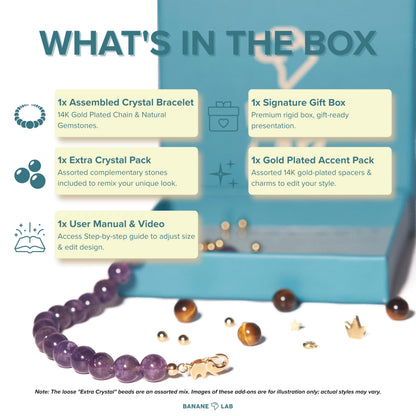 BANANE LAB Amethyst Bracelet | DIY Customizable Design | Natural 8mm Purple Gemstone Beads on 14k Gold Plated Chain | Adjustable Crown Chakra Peace & Calm Jewelry Gift for Women