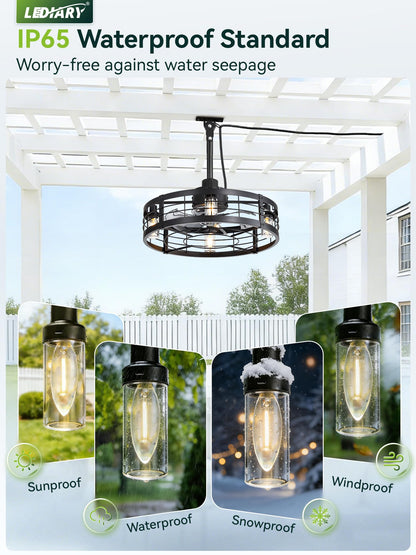 LEDIARY 22" Outdoor Ceiling Fans with Light, Waterproof Gazebo Fan with Hanging Hook, Plug in Ceiling Fan with Remote,Caged Ceiling Fan with 6 Speed Timer for Patio, Porch, Pergola, Black