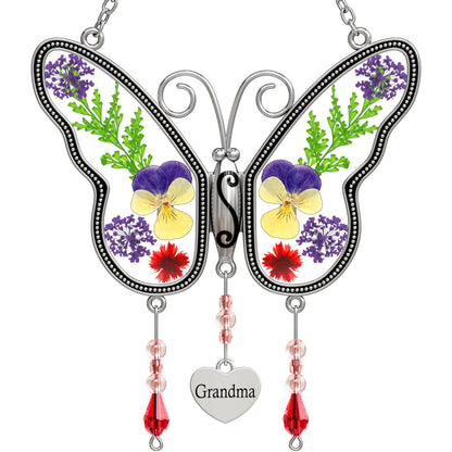 KUNDGLA Butterfly Suncatcher Grandma Stained Glass Sun Catcher for Windows Hangings Ornament with Pressed Real Flower Wings in Glass and Metal Heart Charm Birthday Gift for Women Mothers Day Christmas