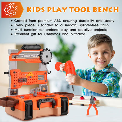 REXBETI Kids Tool Bench with Realistic Electric Drill and Tool Box, Pretend Play Kids Workbench Construction Kits, Toddler Tool Set, Birthday Gifts for Ages 3-8 Years Old