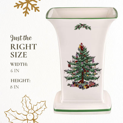 Spode Christmas Tree Square Vase, 8-Inch Festive Vase for Flowers & Holiday Decor - Fine Earthenware Centerpiece for Christmas Table, Mantle, Seasonal Floral Arrangements, Dishwasher Safe