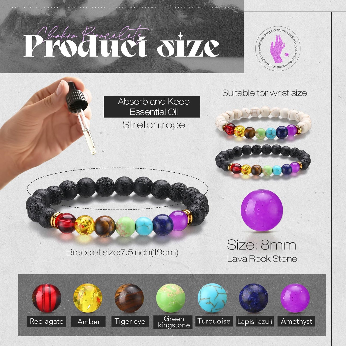 Huquary 24 Pcs Chakra Bracelets for Women Volcanic Rock 7 Chakras Crystals and Healing Stones Bracelets 8mm Natural Stone Yoga Beaded Wristlet for Women Men Essential Oil Diffuser