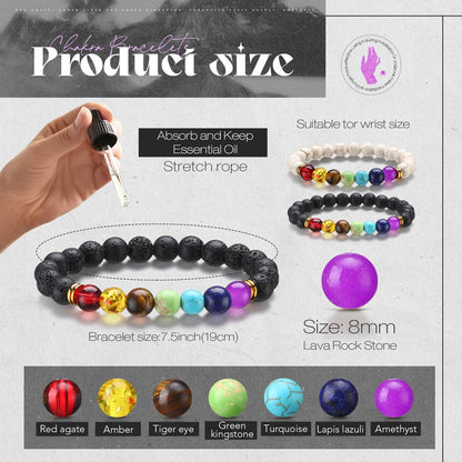Huquary 24 Pcs Chakra Bracelets for Women Volcanic Rock 7 Chakras Crystals and Healing Stones Bracelets 8mm Natural Stone Yoga Beaded Wristlet for Women Men Essential Oil Diffuser