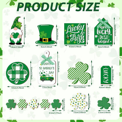 15PCS St. Patrick's Day Tray Decor Wooden Signs Table Centerpieces with Plush Gnome, Shamrock Pattern, Blessing Ornaments & 1 Mini String Light for St. Patrick's Day Party Tabletop Tray Decoration