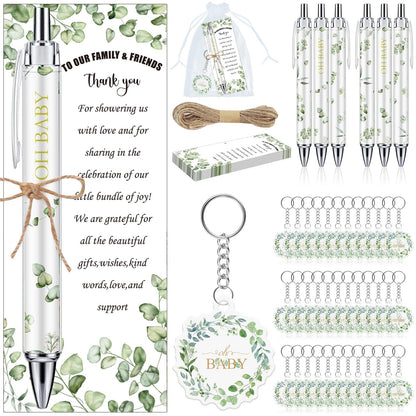 EYNDYN 145 Pieces Baby Shower Favors for Guest Eucalyptus Leaf Ballpoint Pens and Keychains Gifts for Boys Girs Bulk Retractable Baby Shower Pens Gender Reveal Greeting Cards Souvenirs Prizes