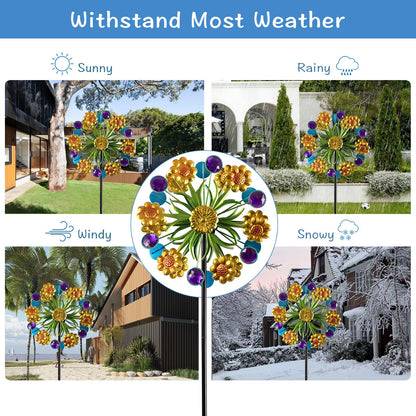 Wind Spinner, Metal Yellow florets and Purple Jewelry 44.25 inch Outdoor Metal Wind Spinners for Patio,Lawn,Garden,Creative Gifts for Women, Double Windmill with Stable Stake