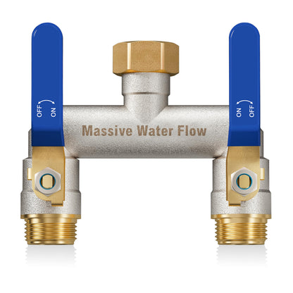Hose Splitter 2 Way Heavy Duty, Garden Hose Splitter with 304 Stainless Steel Long Handle, Full Flow Brass Nickel Plated Water Hose T Spigot Splitter Adapter Connector, 3/4 - Inch GHT Thread (Blue)